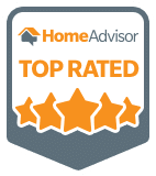 HomeAdvisor Top Rated badge featuring five stars, signifying high customer ratings and quality service.